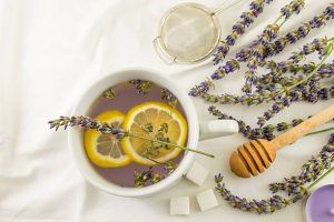 lavender tea with lemon and fresh flowers